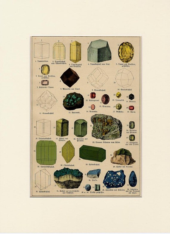 Antique (1888) original lithograph print - Topaz - Ruby - Turquoise - Minerals - Crystals - Geology - folio size