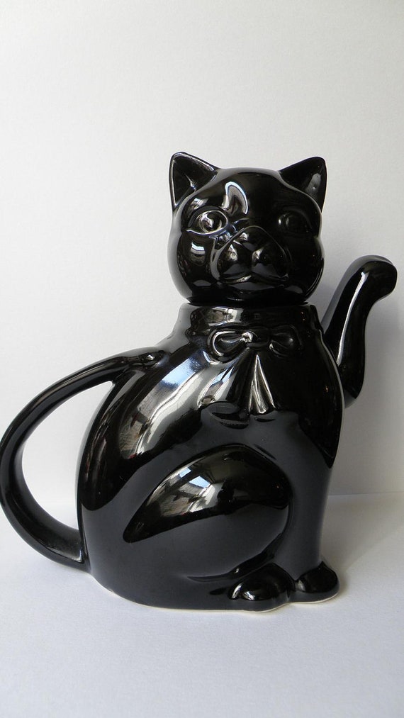 Vintage Lucky Black Cat Teapot with ribbon bow by littlebluewolf