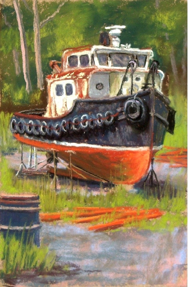 Original Nautical Painting TUGBOAT Pastel Art by by ColetteSavage