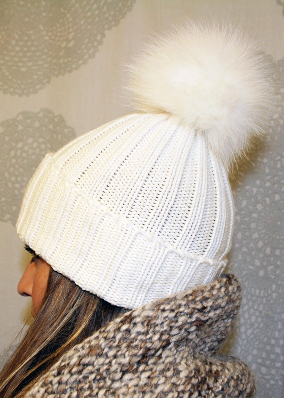 hat pom luxe pom with  Pom Wool Hat Fox Ribbed Fur pom Pom oversized Knit  Fur Luxury