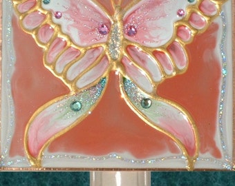 Decorative Pink Butterfly Night Light, Stained Glass Butterfly Decor Bath Bathroom Night Light Nursery Art Nightlight Plug In Night Lights