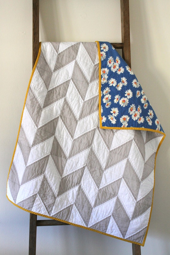 grey and white herringbone baby quilt with by craftyblossom