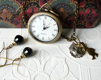 Watch Necklace Earring Set Antique Brass Watch Pendant & Earrings Set Alice in Wonderland Cheshire Cat White Rabbit Open Face Watch Pendant