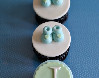 Baby Shower Fondant Bootie Shoe and Monogram Toppers for Cupcakes, Cookies or Mini-Cakes