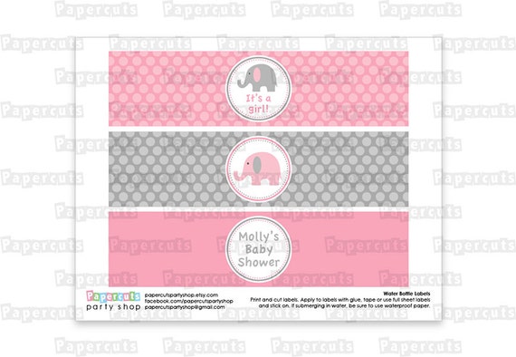 Printable DIY Personalized Pink and Grey Elephant Theme Baby Shower Water Bottle Label