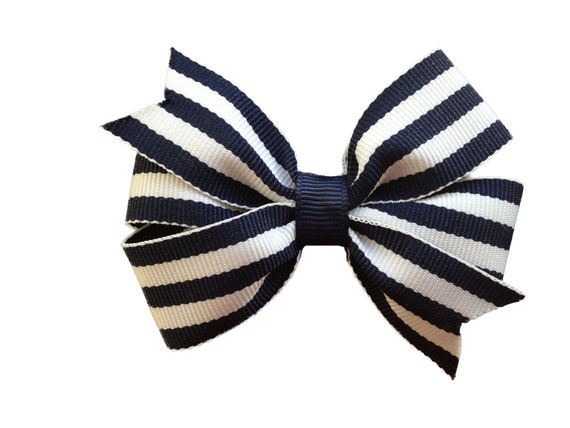 Navy blue striped hair bow 3 inch bow navy blue bow