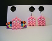 Kandi Pac Man Ghost Bracelet and Earrings in Pink Multi Color Silver