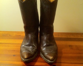 Vintage 1960's Men's Dark Brown Leather Cowboy Boots Made in USA