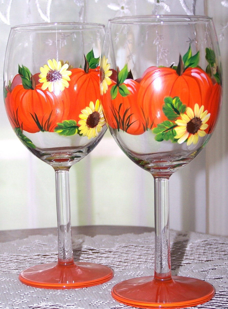 Fall Wine Glass Set Hand Painted In Pumpkin And Sunflowers