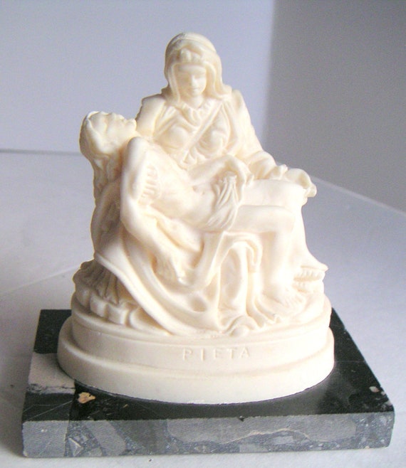 Vintage Pieta Statue White Alabaster on Marble Base