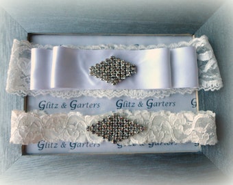 WHITE Lace & SATIN Ribbon Wedding Garter Set, Bridal Garter-Vintage Bow, Crystal Rhinestone Design Show-Crystal Toss
