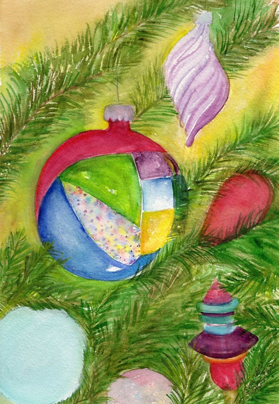 Items similar to Original Christmas watercolor painting, Ornaments on ...