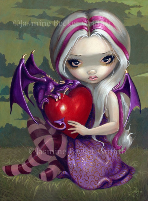 Valentine Dragon purple heart love fairy art print by Jasmine