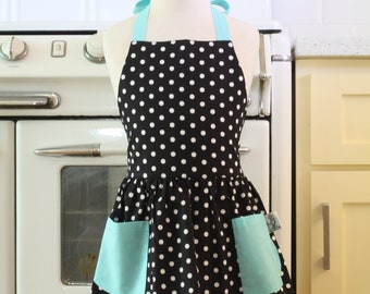 Retro Apron Black and White Polka Dot with Aqua Full Apron for Little Girls
