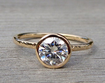 Forever One G-H-I Moissanite Engagement Ring, Recycled 14k Yellow Gold Solitaire, Simple, Hammered, Ethical Jewelry, Made To Order