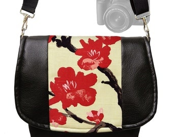 Dslr Camera Bag Slr Camera Messenger Bag Vegan Black Leather Asian Cherry Blossom Zipper Padded DELUXE Model MTO