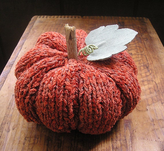 Hand knit pumpkin - fall autumn orange cotton chenille tabletop thanksgiving tablescape table decor primitive rustic woodland