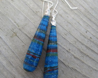 Rainbow Calsilica Earrings Elongated Briolettes Wire Wrapped Silver