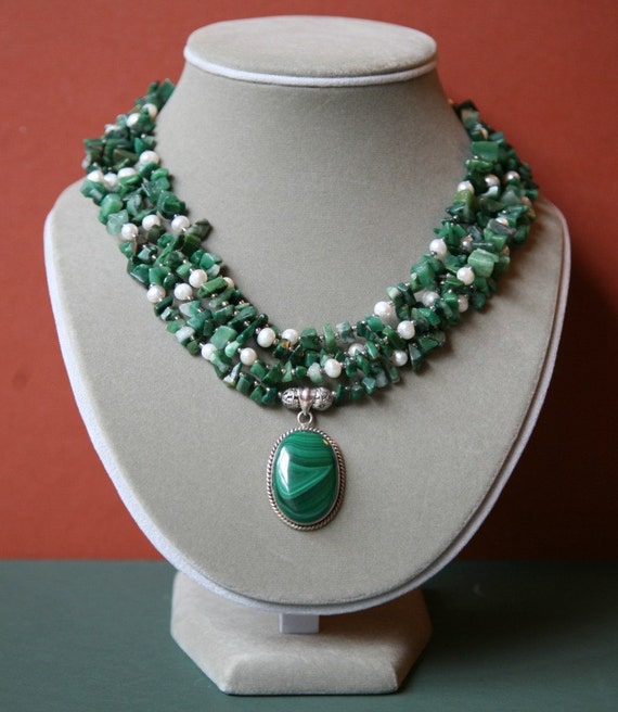 Multi Strand Malachite Chip Pearl and Sterling Silver by Karenda