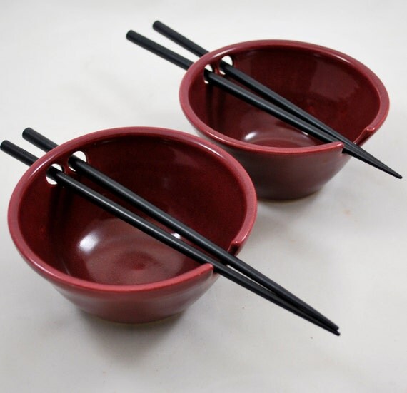Set of Two Burgundy Rice Bowls with Chopstick Holders