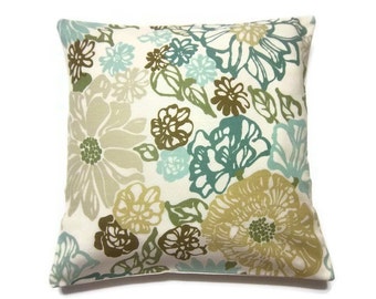 Decorative Pillow Cover Teal Mint Green Olive Green Brown Same Fabric Front/Back Modern Floral Throw Accent Cover 18 x18 x inchx