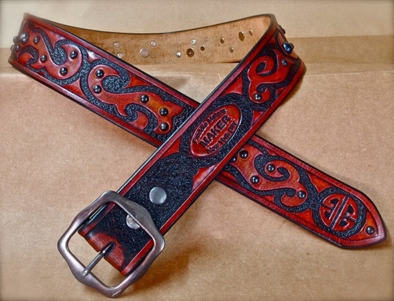 Items similar to Leather belt Asian tribal design hand tooled in ...