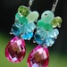 Monet Earrings, AAA Pink Topaz, Chalcedony, Peridot, Peruvian Opal, Blue Topaz Gemstone Cascade Clusters, Sterling Silver Leverbacks