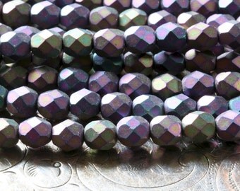 Czech glass bead strand 6mm Matte Iris Purple faceted fire polish beads Lori Lochner (25 beads)