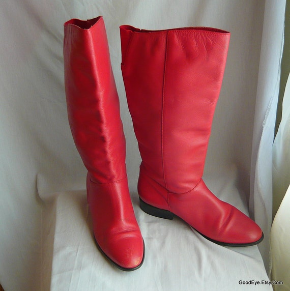 RED Leather Stove Pipe Boots 8 .5M Eur 39 UK 6 Flat Knee