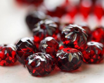 Garnet Picasso Czech Glass Cruller Bead 9x6mm : 10 pc Red Picasso Bead