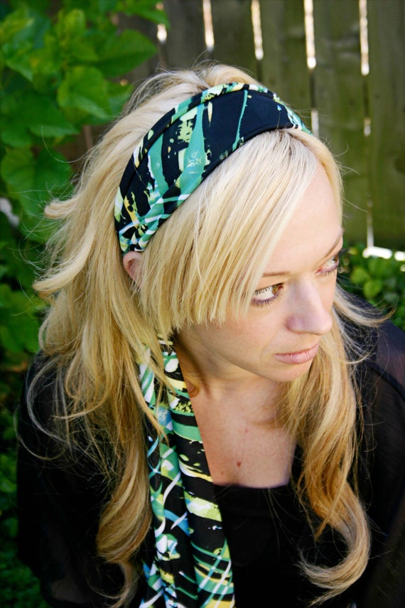 Womens Green & Black Stretchy Head Scarf Headband