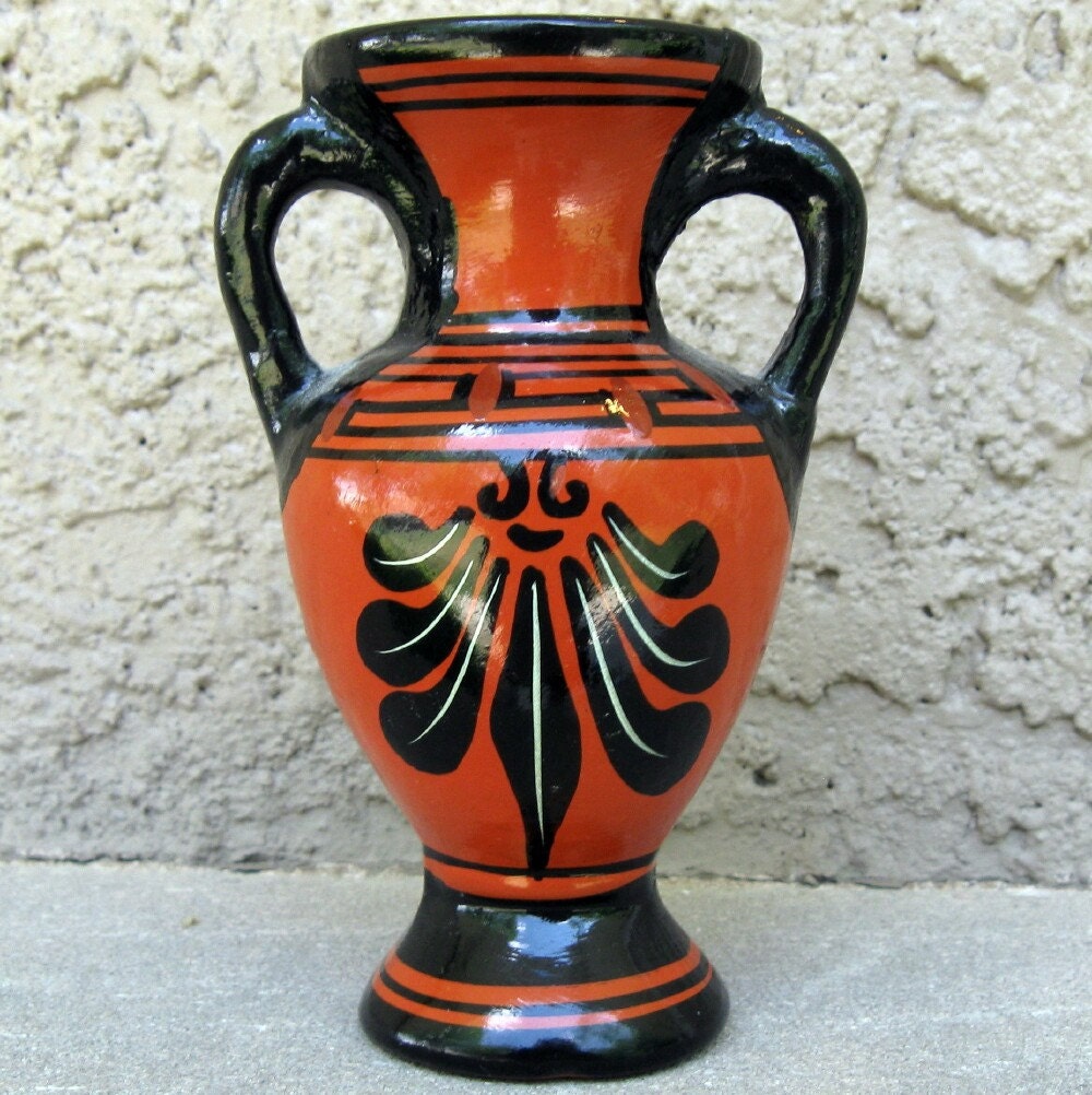 Vintage Small Greek Urn Vase in Orange and Black