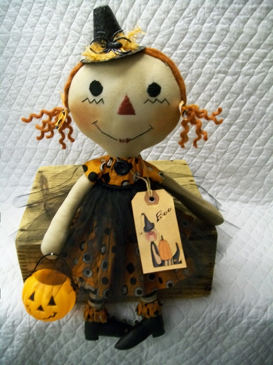 Primitive Cute Raggedy Ann witch rag doll with her pumpkin