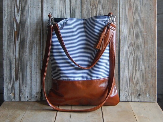 SALE ///  LUCIA TOTE /// brown leather and navy stripes