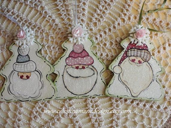 Trio of Santas Tree Ornaments 3pc Set, Hand Painted, ECS, CSSTeam