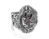 Steampunk Jewelry Ring Vintage Ruby Jewel Watch Adjustable SILVER Art Nouveau GORGEOUS Wedding Anniversary - Steampunk Jewelry by edmdesigns