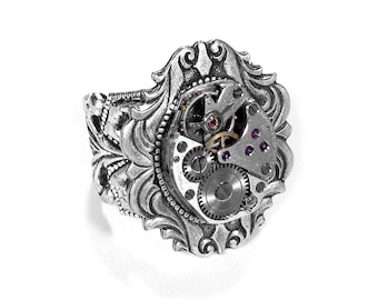 Steampunk Jewelry Ring Vintage Ruby Jewel Watch Adjustable SILVER Art Nouveau GORGEOUS Wedding Anniversary - Steampunk Jewelry by edmdesigns