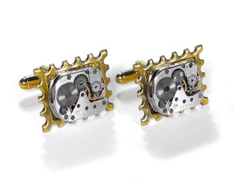 Mens Cufflinks Vintage Ruby Jewel Watch Gold Cuff Links Wedding Anniversary Groomsmen Fathers Fiancee Gift - Steampunk Jewelry by edmdesigns