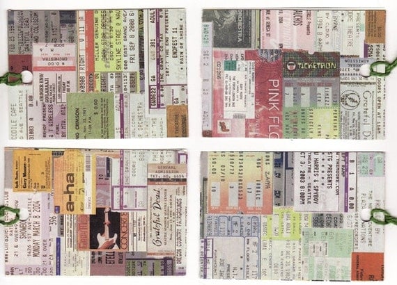 Concert ticket gift tags hang tags - original paper collage handmade paper tags CFEST FSB RecycleParty