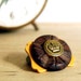 Vintage Button Brooch Brass Crown and Brown Carved Wood Eco Friendly Jewelry Yellow Accessories Spring Fashion Woodland