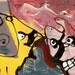 2 Dogs Showing Off - Original Drip Painting - Abstract Art Brut Outsider Art - Yellow, Red, Black, Teal