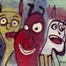3 Crazy Dogs . Art Brut Outsider Art .Yellow, Red, Black, Teal