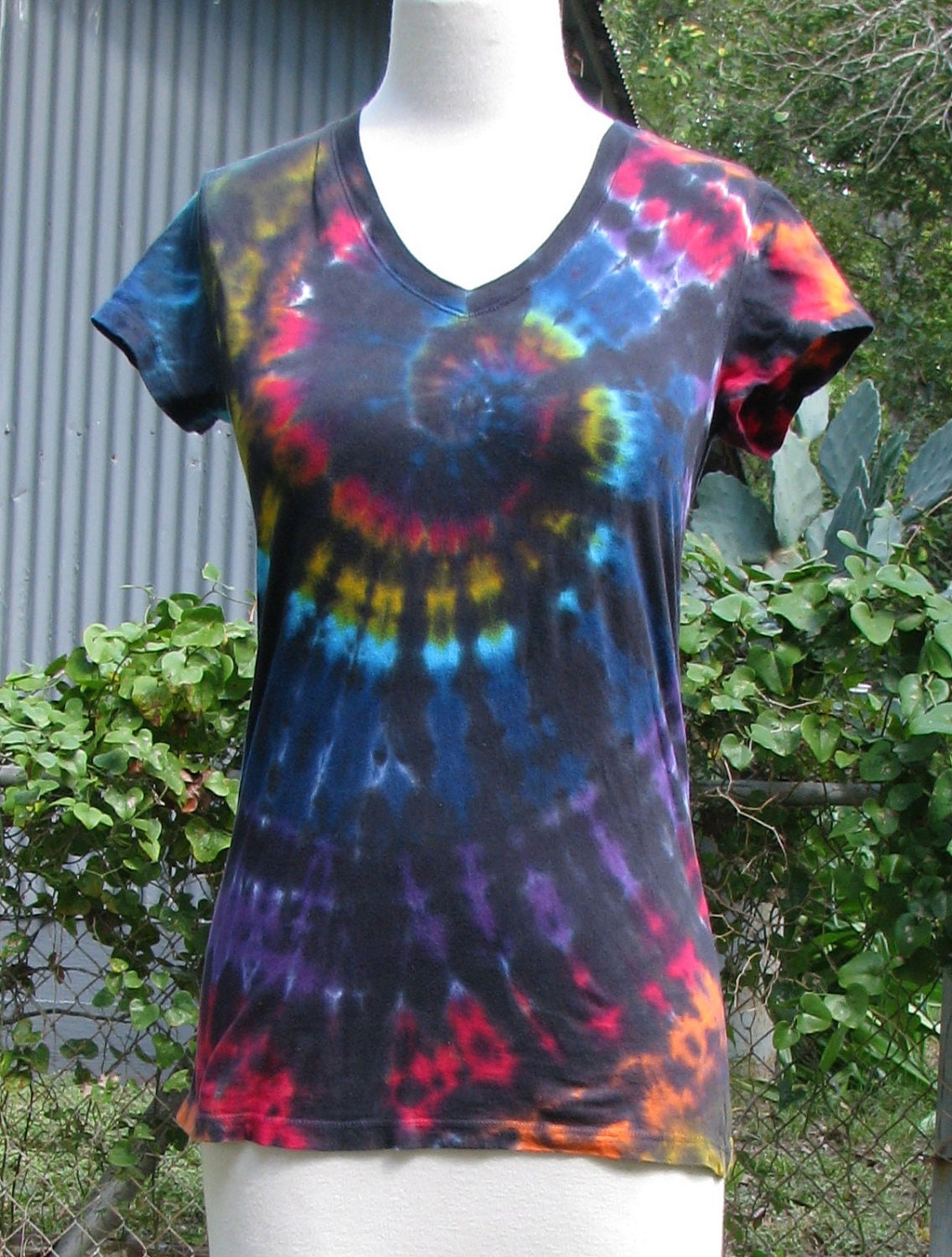 Tie Dye Women's VNeck Black Stained Glass by inspiringcolor