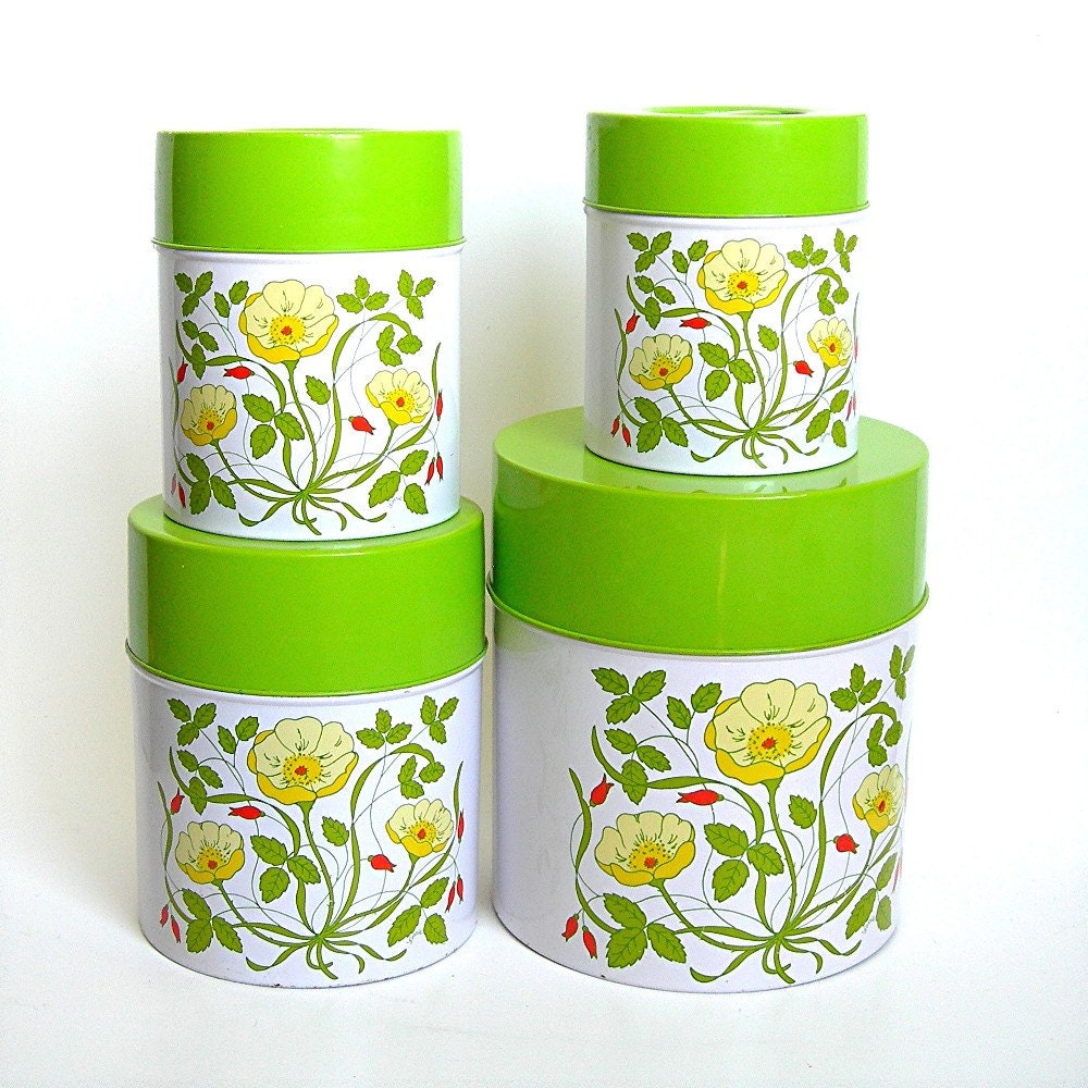 Vintage Nesting Tin Canister Set of 4 White Green Yellow