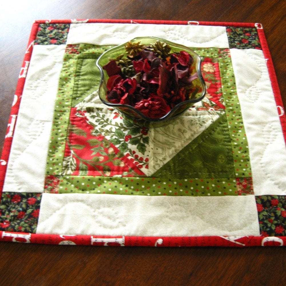 Hand quilted Christmas table mat Swiss Holiday for Moda red