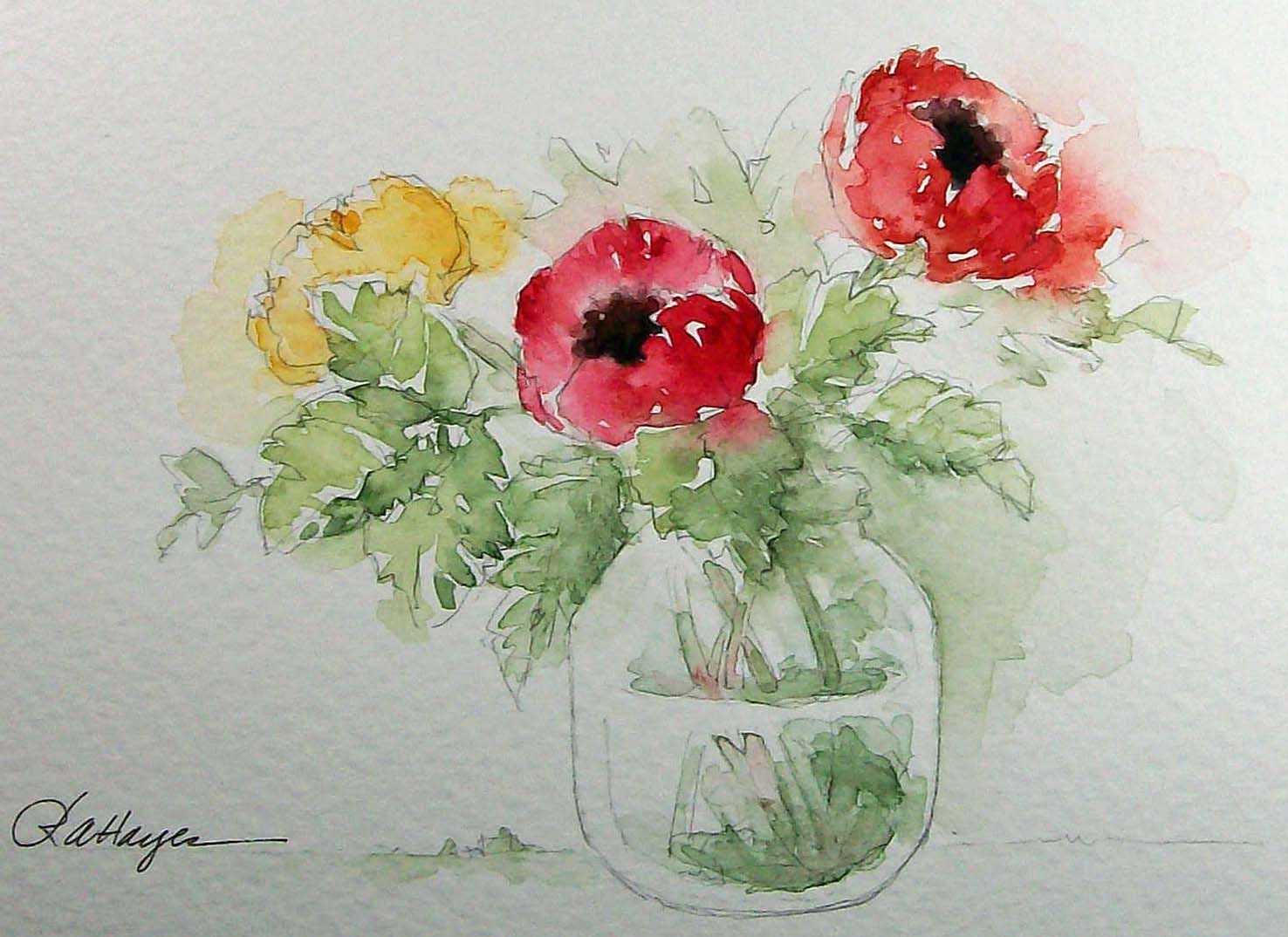 Three Flowers in Glass Jar Watercolor Painting by RoseAnnHayes