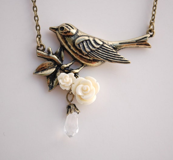 Antique Brass Bird and Flower Necklace
