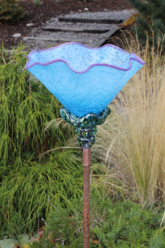 Sky Blue Hand Blown Glass Flower or Bird Bath Garden Art