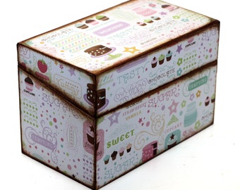 Wood Recipe Box Cute Cupcakes Pink and Brown Ready To Ship Fits 4x6 Recipe Cards