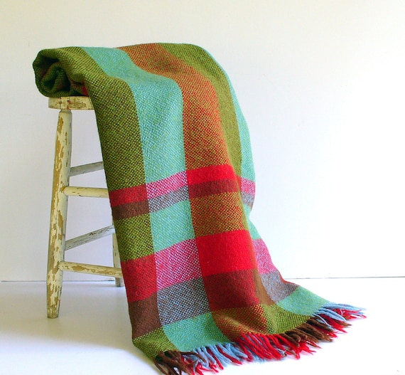 Vintage Irish Wool Plaid Blanket Throw Teal Red Olive